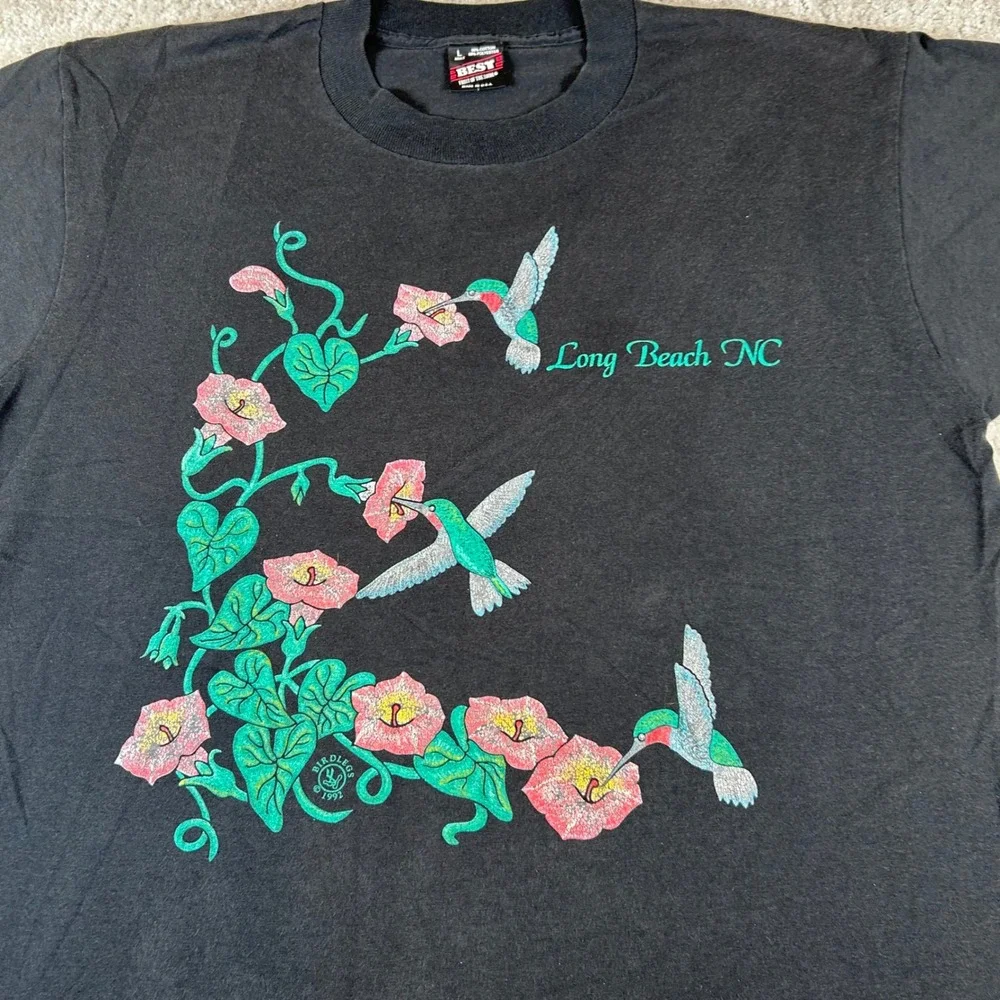 Vintage 90s FOTL T-Shirt Mens L Black 1992 Hummingbird Long Beach NC Graphic USA